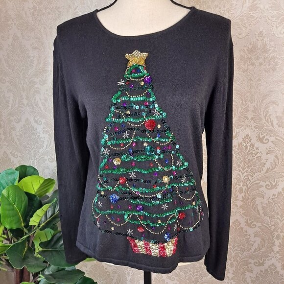 Heirloom Collectibles Christmas 2004 Size PL Black Sequin Christmas Tree Sweater - Picture 1 of 10